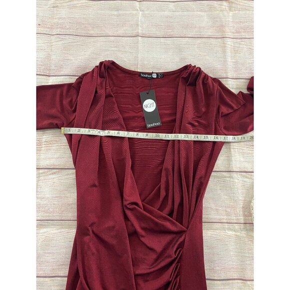 NWT BooHoo Burgundy Long Sleeve Ruched Bodice Dress - 10 - Picture 7 of 12